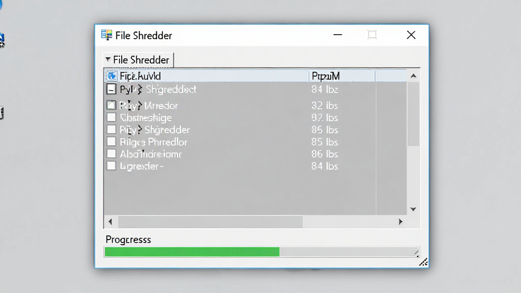 一张简洁的Windows桌面软件界面截图,中央是File Shredder软件主窗口,窗口内显示待粉碎文件列表和粉碎进度条,背景为干净的浅灰色桌面,风格写实,画质清晰,干净无多余元素