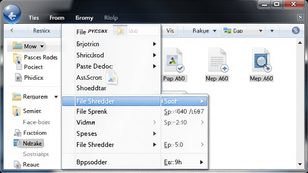 一张Windows资源管理器右键菜单截图,菜单中高亮显示File Shredder选项,背景是文件夹中的几个文件图标,风格写实,画质清晰,干净无多余元素