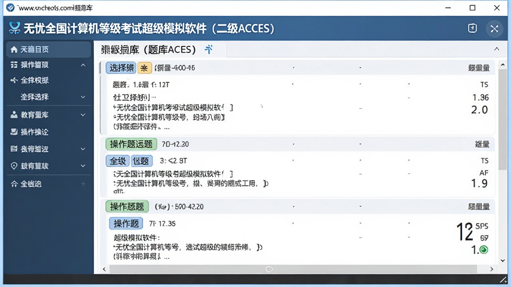 一张展示无忧全国计算机等级考试超级模拟软件(二级ACCESS)题库界面的图片,主体为软件窗口内滚动显示的题目列表,布局为左侧菜单栏与右侧题目区,排版清晰,风格为教育备考软件界面,细节包含选择题、操作题等分类标签和题量统计数字,画质高清、干净、无多余元素