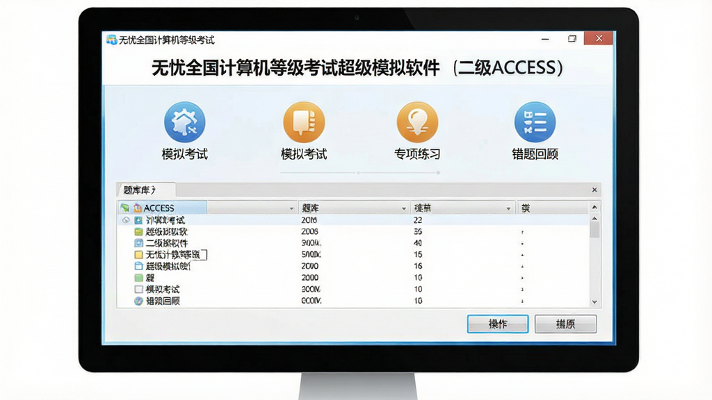 一张展示无忧全国计算机等级考试超级模拟软件(二级ACCESS)主界面的图片,主体为电脑屏幕中运行的软件窗口,布局采用居中构图,屏幕上方显示软件名称“无忧全国计算机等级考试超级模拟软件(二级ACCESS)”,下方展示题库列表和操作按钮,排版整齐清晰,风格为现代教育软件界面风格,细节包含模拟考试、专项练习、错题回顾等功能入口图标,画质高清、干净、无多余元素