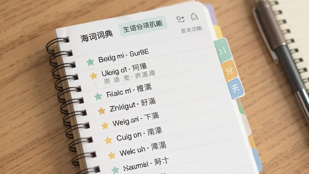 ���ʴʵ����ʱ����ܽ��棬������һ���ʼǱ���ʽ�Ľ��棬����������Ӣ�ĵ��ʺͶ�Ӧ���������壬�Ա������Ǳ�Ǻͷ����ǩ��������¼�Լ��ɫ����ͣ����廭�ʣ��޶���Ԫ��