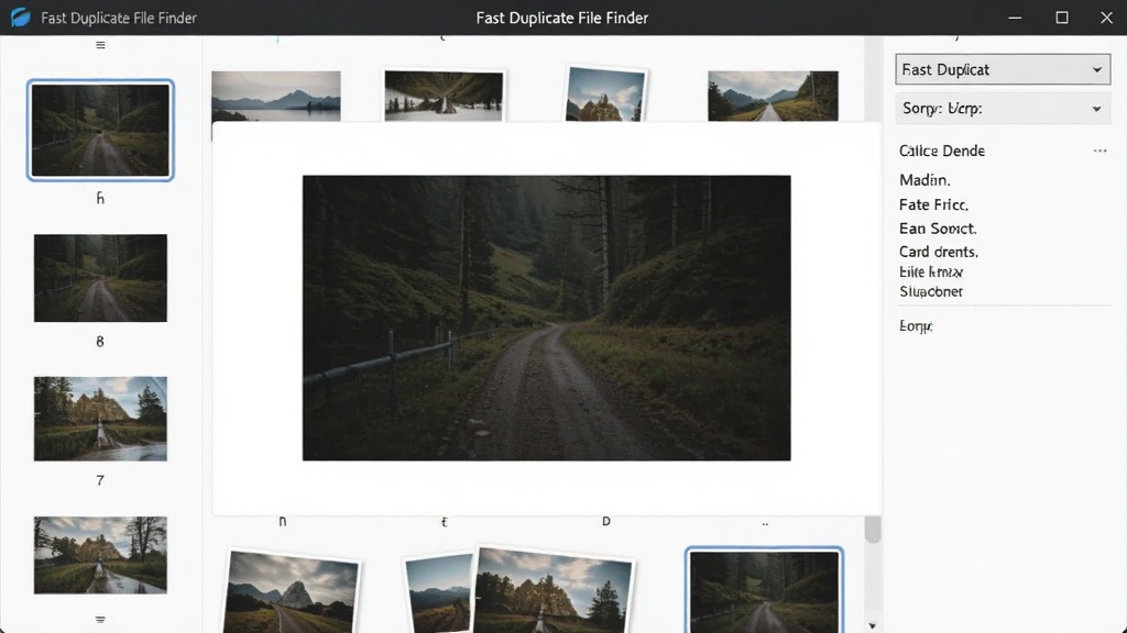 一张展示 Fast Duplicate File Finder 实时预览功能的图片,主体为软件预览窗口,布局为中央大图预览,四周环绕文件信息,排版简洁,风格为现代极简风,细节包括图片缩略图、文件属性面板、排序下拉菜单,画质高清,干净,无多余元素。