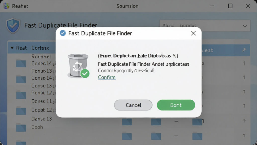 一张展示 Fast Duplicate File Finder 安全操作的图片,主体为软件确认对话框,布局为居中弹窗,排版显示回收站图标和确认按钮,风格为柔和圆角风,细节包括盾牌安全标志、文件列表、取消与确定按钮,画质高清,干净,无多余元素。