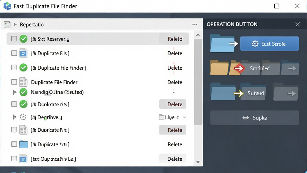 一张展示 Fast Duplicate File Finder 删除与移动功能的图片,主体为软件操作面板,布局为左右分栏,左侧是重复文件分组列表,右侧是操作按钮区,排版整齐,风格为清爽商务风,细节包括绿色保留标记、红色删除标记、文件夹移动图标,画质高清,干净,无多余元素。