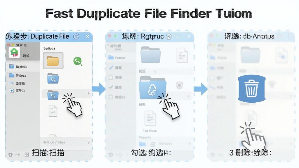 一张展示 Fast Duplicate File Finder 使用技巧的图片,主体为软件设置界面与操作提示,布局为分步图示,排版展示扫描、勾选、删除三个步骤,风格为清新浅色风,细节包括鼠标点击高亮、文件夹图标、回收站标志,画质高清,干净,无多余元素。