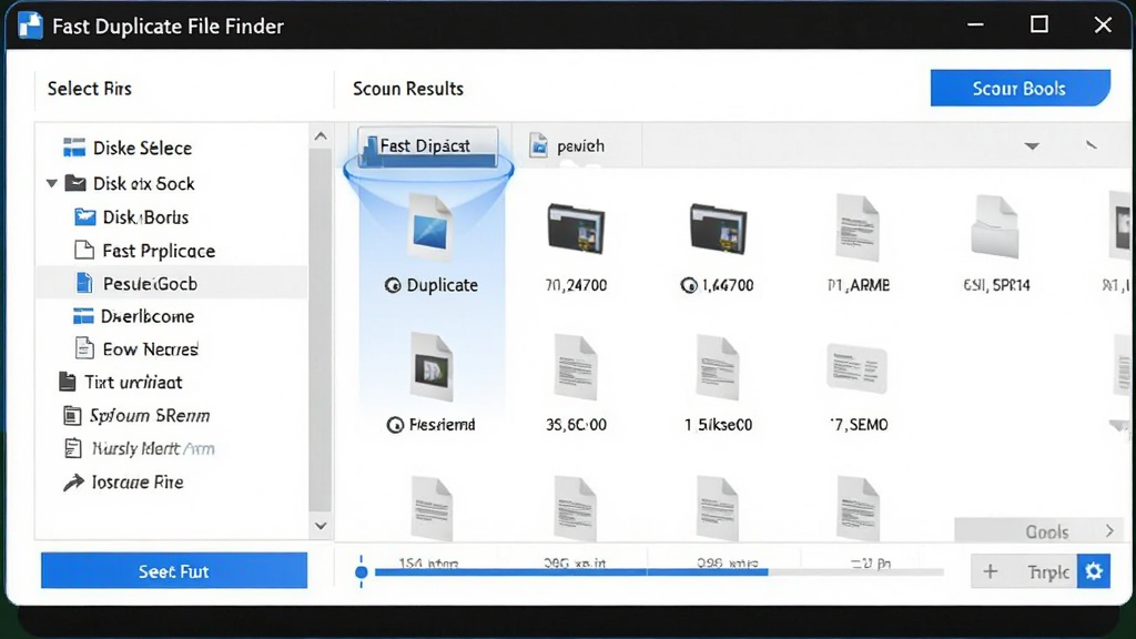 一张展示 Fast Duplicate File Finder 软件界面的图片,主体为软件主窗口,布局居中,左侧是磁盘选择列表,右侧是扫描结果预览,排版清晰,风格为现代简约科技风,细节包括蓝色高亮按钮、文件缩略图、进度条,画质高清,干净,无多余元素。
