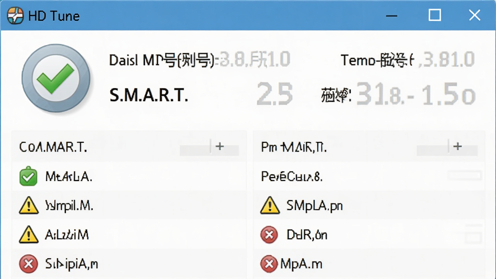 软件名称HD Tune,主体为软件健康状态检测界面特写,布局为上下结构,上方显示硬盘型号与温度,下方排列S.M.A.R.T.参数列表,排版整齐,风格为扁平化科技风,细节包括绿色对勾图标、黄色警告三角、红色叉号标识,画质高清、干净、无多余元素