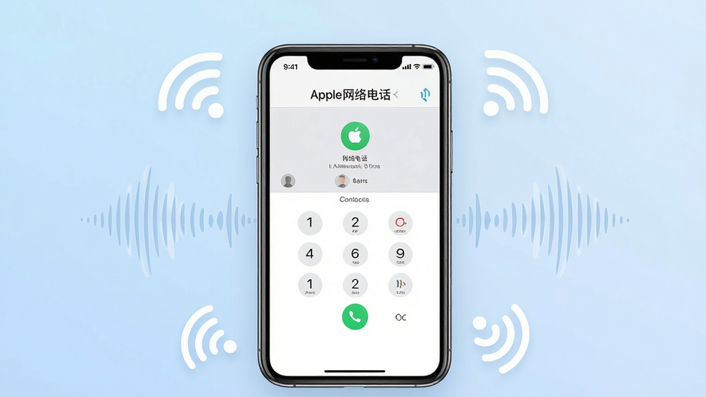 一张展示Apple网络电话软件界面的概念图,画面中央是一部iPhone手机,手机屏幕上显示着简洁的拨号盘和联系人列表,界面以白色和浅灰色为主色调,顶部有“Apple网络电话”字样,手机周围环绕着Wi-Fi信号图标和声波纹理,背景是柔和的淡蓝色渐变,整体风格干净现代,画质清晰,无多余元素。