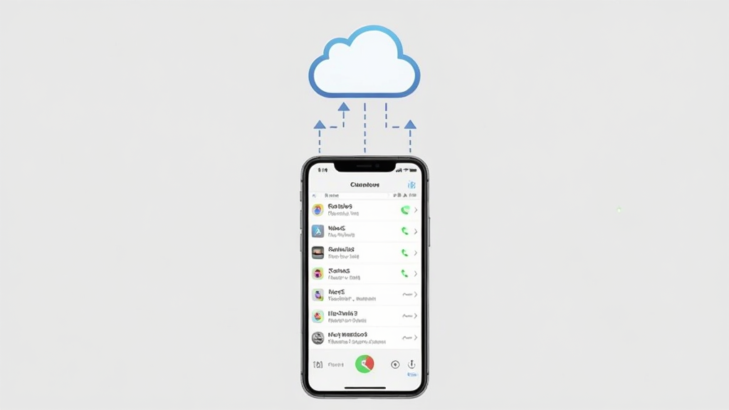 一张展示云端同步通话记录的概念图,画面中央是一部iPhone手机,手机屏幕显示通话记录列表,上方有一朵云彩图标,云彩与手机之间用虚线连接表示数据上传,背景为浅灰色,整体风格简约干净,画质清晰,无多余元素。