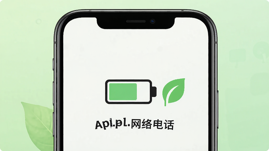 一张展示Apple网络电话低功耗特性的概念图,画面中一部iPhone手机屏幕显示电池图标和“Apple网络电话”字样,电池图标旁有一个绿色的叶子标志,背景为柔和的浅绿色渐变,整体风格清新自然,画质清晰,无多余元素。