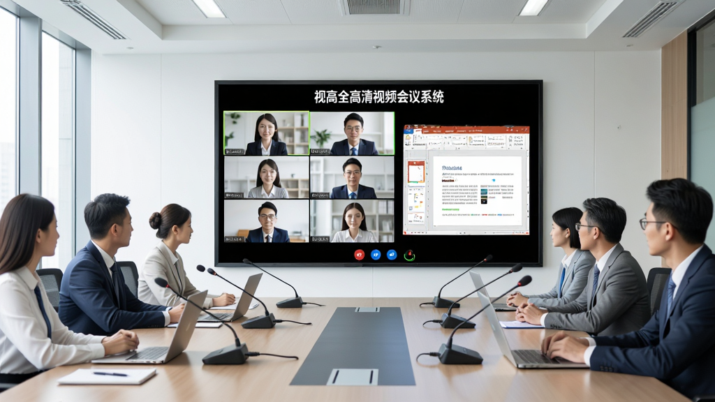 一间现代化会议室中,大屏幕上显示着“视高全高清视频会议系统”的多方会议画面,屏幕中分布着多个高清人物视频窗口和一份共享的PPT文档,画面清晰锐利,会议桌旁坐着几位参会人员,桌上放着笔记本电脑和会议麦克风,整体氛围专业高效,风格为写实商务摄影,色调明亮,细节丰富,画质干净,无多余元素