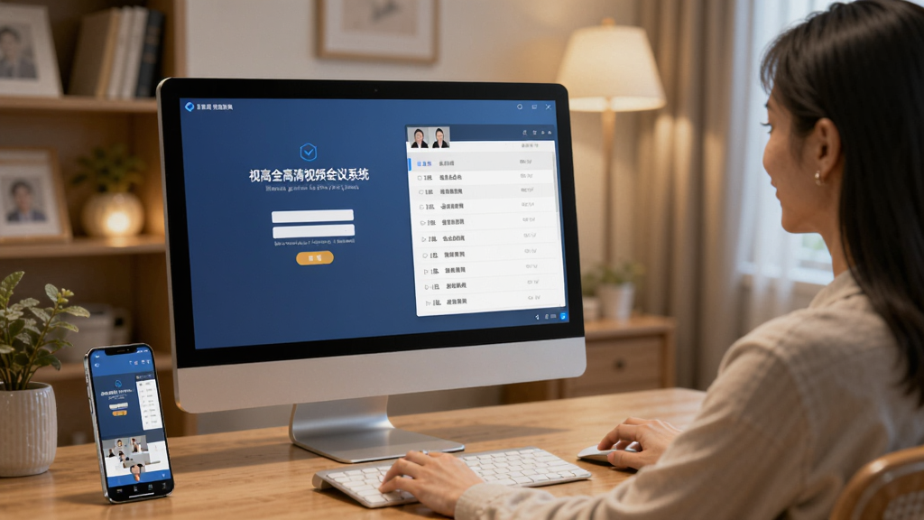 画面展示一名用户坐在家中书桌前,面前是一台台式电脑显示器,屏幕上运行着“视高全高清视频会议系统”的登录界面和会议列表,旁边放着一部智能手机,手机屏幕上也显示着同一会议的移动端界面,背景是温馨的家居环境,风格为写实生活场景,光线柔和,画质清晰,整体干净整洁,无多余元素