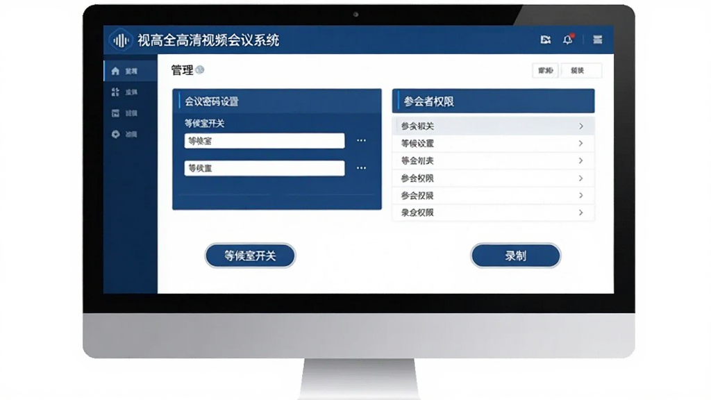 画面展示一个电脑屏幕上的“视高全高清视频会议系统”管理后台界面,界面上有会议密码设置、等候室开关、参会者权限列表、录制按钮等管理选项,界面布局整齐,风格为扁平化商务风,色调以深蓝和白色为主,画面干净,画质清晰,适合展示软件管理功能