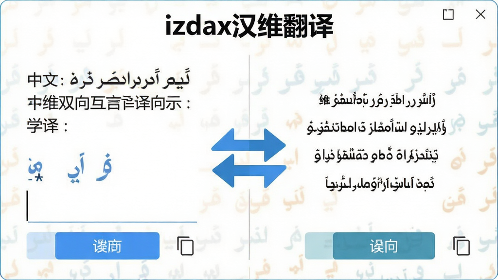 一张展示izdax汉维翻译双向互译功能的示意图,画面分为左右两部分,左侧为中文文本输入区域,右侧为维吾尔语翻译结果展示区域,中间有一个醒目的双向箭头图标,软件名称“izdax汉维翻译”显示在界面顶部,背景为干净的白色,布局对称,风格为扁平化设计,细节包含输入光标、翻译按钮、复制图标,画质高清,干净,无多余元素