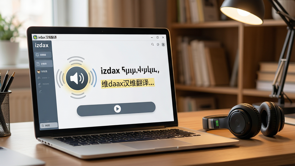 一张展示izdax汉维翻译语音朗读功能的场景图,画面中一台笔记本电脑屏幕上显示着“izdax汉维翻译”软件界面,界面中有一个扬声器图标高亮显示,旁边有维吾尔语文本和对应的汉语翻译,桌面上放着一副耳机,背景为温馨的书房环境,布局自然,风格为写实生活化,细节包含音量波纹、播放按钮、文本高亮,画质高清,干净,无多余元素
