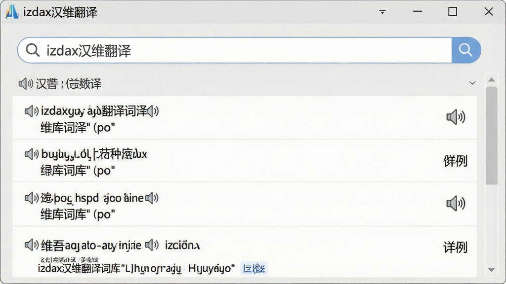 一张展示izdax汉维翻译词库查询功能的界面图,画面中央是软件搜索框,搜索框下方列出多条维吾尔语词汇及其对应的汉语释义,每条词汇旁边有小喇叭图标,软件名称“izdax汉维翻译”位于窗口标题栏,背景为浅灰色,布局为列表式排版,风格为简约实用型,细节包含滚动条、词性标注、例句展示,画质高清,干净,无多余元素
