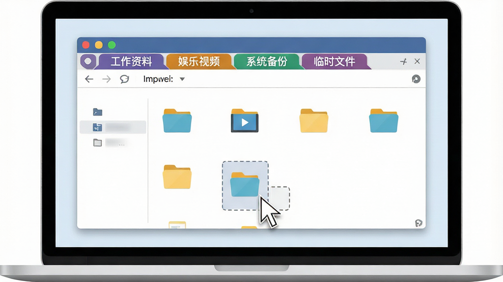 一张软件功能展示图,画面主体是一台笔记本电脑屏幕,屏幕上显示着带有多个标签页的资源管理器窗口,标签页有“工作资料”“娱乐视频”“系统备份”“临时文件”等字样,每个标签用不同颜色区分,窗口下方有鼠标指针正在拖拽一个标签,整体布局为居中展示,风格为简洁扁平化设计,细节包括标签阴影、拖拽轨迹虚线、清晰的文件夹图标,画质高清,画面干净,无多余元素