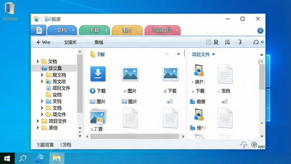 一张展示 Windows 电脑桌面的图片,画面中央是打开的资源管理器窗口,窗口顶部排列着多个彩色标签页,标签上分别写着“文档”“下载”“图片”“项目文件”,窗口左侧是文件夹树形目录,右侧是文件列表,整体布局整洁有序,风格为现代科技感 UI 界面,细节包括圆角标签、淡蓝色高亮选中状态、清晰的图标和文字,画质高清,画面干净,无多余元素