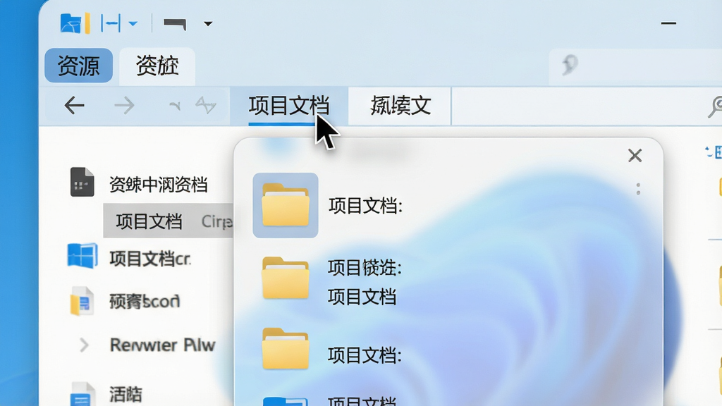 一张软件界面特写图,画面展示资源管理器窗口的标签栏区域,鼠标指针悬停在一个名为“项目文档”的标签上,标签下方弹出一个半透明的预览面板,面板中显示着文件夹内的文件缩略图和名称列表,布局为局部放大展示,风格为现代 Windows 11 设计语言,细节包括毛玻璃效果、柔和阴影、清晰的缩略图边框,画质高清,画面干净,无多余元素
