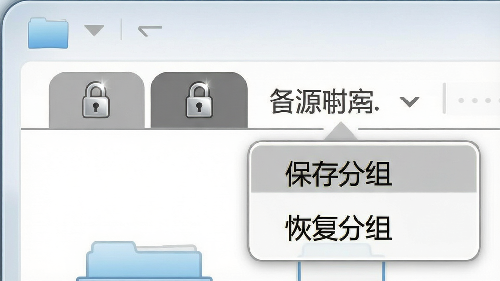 一张软件功能示意图,画面展示资源管理器窗口的标签栏,其中两个标签上带有小锁图标,标签颜色为灰色表示已锁定,旁边有一个下拉菜单显示“保存分组”“恢复分组”选项,布局为局部截图风格,风格为简洁办公风,细节包括锁图标的高光、菜单的圆角边框、清晰的文字标签,画质高清,画面干净,无多余元素