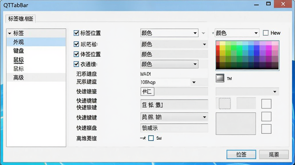 一张电脑屏幕截图,画面显示 QTTabBar 的选项设置窗口,窗口左侧是分类菜单,包括“标签”“外观”“键盘”“鼠标”“高级”等选项,右侧显示具体的设置项,如标签位置、颜色选择器、快捷键列表,布局为标准的 Windows 设置面板风格,风格为清爽浅色主题,细节包括清晰的文字标签、复选框、下拉菜单、颜色预览方块,画质高清,画面干净,无多余元素