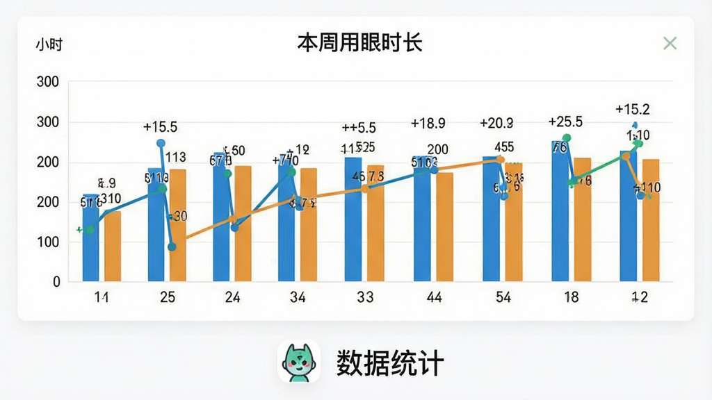 一幅护眼宝数据统计页面的示意图,画面中展示柱状图和折线图,图表标题为“本周用眼时长”,横轴是星期,纵轴是小时数,图表下方有护眼宝软件logo和“数据统计”文字,布局清晰,风格商务简洁,细节包含数据标签和颜色区分,画质清晰,干净,无多余元素