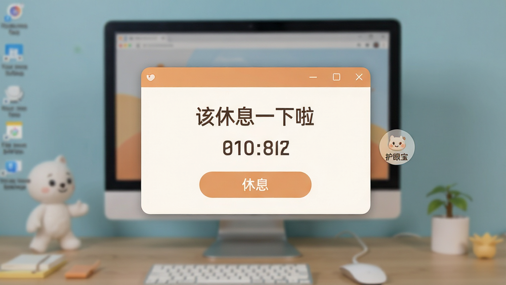 一张护眼宝定时休息提醒功能的界面截图,画面中央弹出一个温馨的提醒窗口,窗口内写着“该休息一下啦”,背景是电脑桌面,窗口旁边有护眼宝软件的小图标,布局居中,风格柔和友好,细节包含倒计时数字和休息按钮,画质清晰,干净,无多余元素