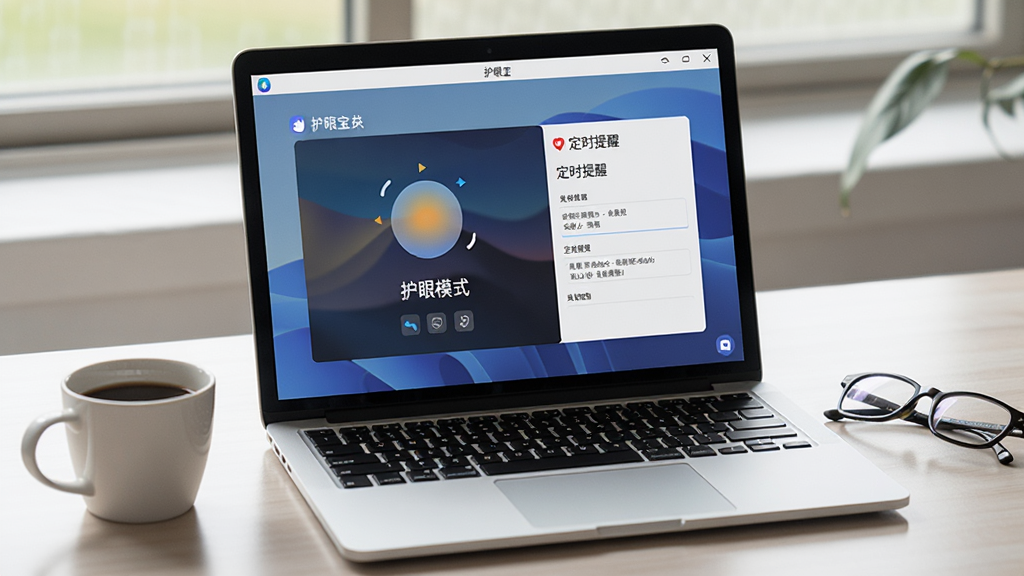 一张护眼宝在电脑桌面上的使用场景图,画面中显示一台笔记本电脑,屏幕上运行着护眼宝软件,主界面展示护眼模式和定时提醒设置,旁边有一杯咖啡和一副眼镜,布局自然,风格生活化,细节包含软件图标和清晰的界面文字,画质清晰,干净,无多余元素