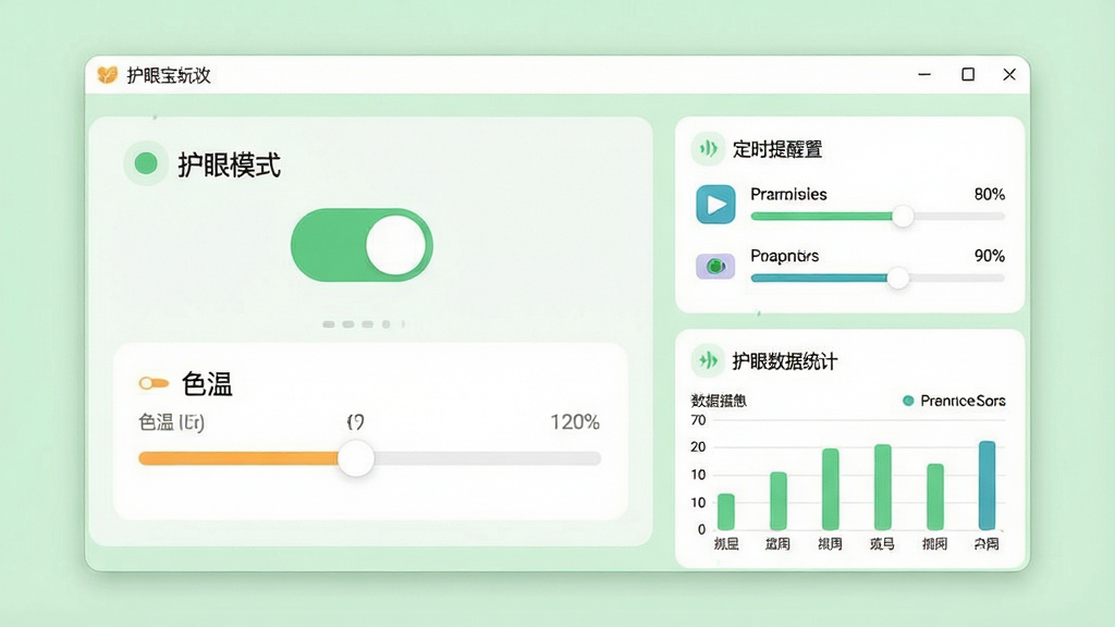 一张展示护眼宝软件界面的全貌图,画面中央是软件主面板,左侧显示护眼模式开关和色温调节滑块,右侧展示定时提醒设置和护眼数据统计,背景是柔和的浅绿色调,风格简洁清新,细节包含图标、文字标签和进度条,画质清晰,干净,无多余元素