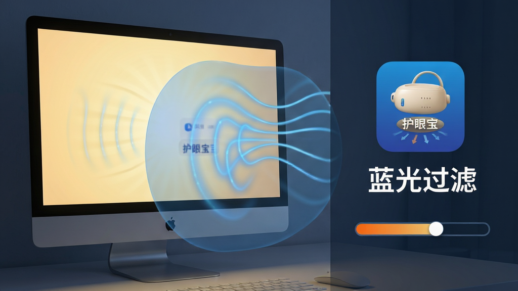 一幅展示护眼宝蓝光过滤功能的示意图,画面中一台电脑屏幕发出柔和暖黄色光,屏幕前方有一层半透明的蓝色光波被过滤掉,旁边有护眼宝软件图标和“蓝光过滤”文字标注,布局左右对比,风格科技感十足,细节包含光波线条和色温滑块,画质清晰,干净,无多余元素