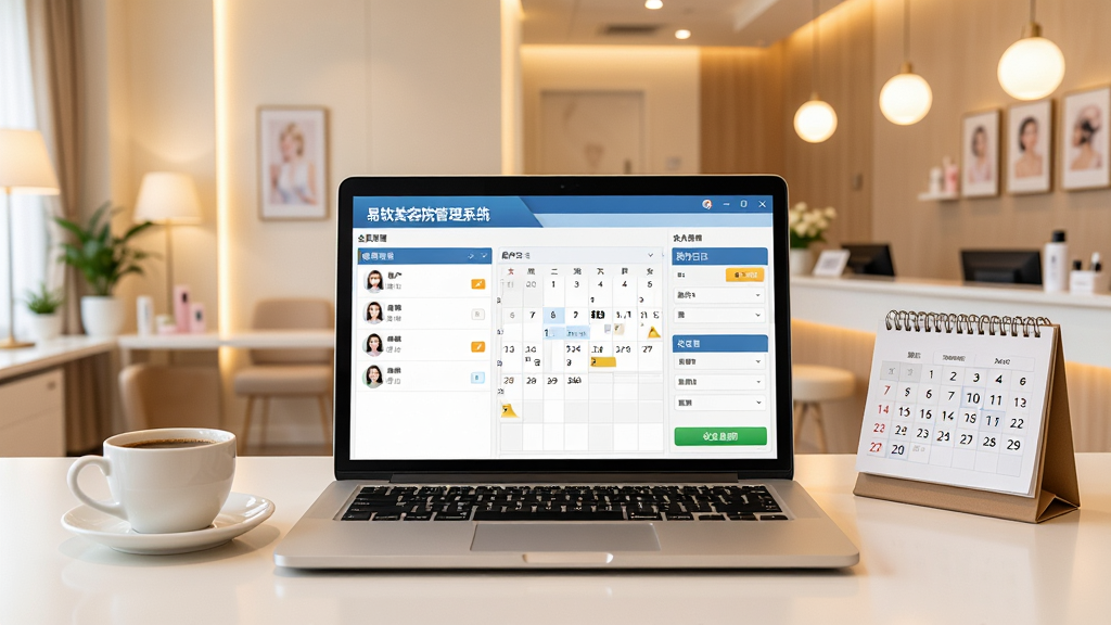 一张展示美容院前台使用电脑管理软件的宽幅场景图,画面中央是一台打开的笔记本电脑,屏幕上显示“易软美容院管理系统”的会员管理界面,界面中包含客户列表、预约日历和收银面板,电脑旁边放着一杯咖啡和一本台历,背景是明亮整洁的美容院接待区,暖色调灯光,画面干净,无多余元素,高清画质,写实风格