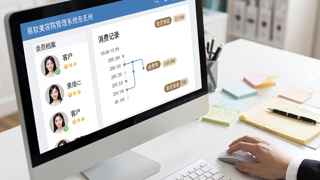 一张展示“易软美容院管理系统”会员档案界面的特写图,画面主体为电脑屏幕,屏幕上显示客户头像列表、消费记录时间轴和会员等级标签,屏幕旁边有一只手正在点击鼠标,背景是模糊的美容院办公桌,桌上有便签纸和笔,整体风格简洁商务,画质清晰,无杂乱元素