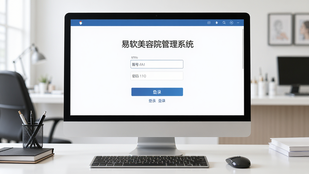 一张展示“易软美容院管理系统”登录界面的图片,画面主体为电脑屏幕,屏幕上显示账号密码输入框和登录按钮,界面简洁,屏幕旁边有键盘和鼠标,背景是美容院办公桌,风格商务,画质清晰,无多余元素
