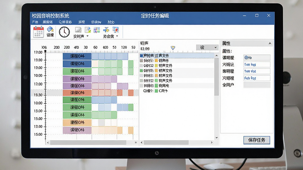 一张展示“校园音响控制系统”定时任务编辑窗口的截图,画面主体为电脑显示器,屏幕上显示着按时间轴排列的课程表与对应铃声文件列表,布局为左侧时间线、右侧属性面板,风格为办公软件界面,细节包括日历图标、时钟图标和“保存任务”按钮,画质清晰,干净,无多余元素