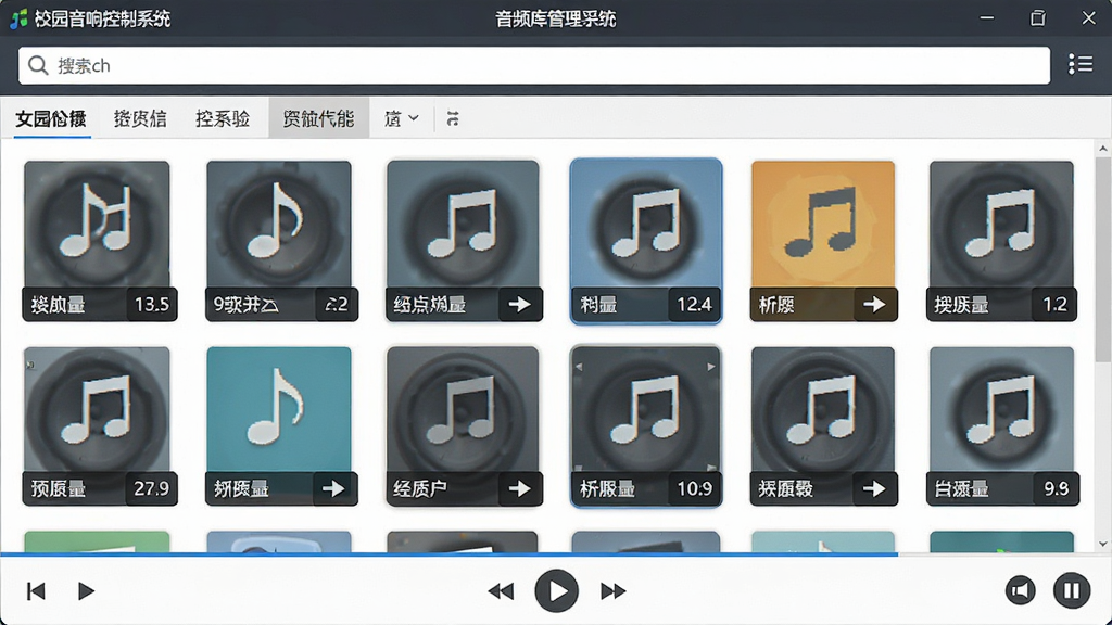 一张“校园音响控制系统”音频库管理界面的截图,画面主体为软件窗口,屏幕上显示着以网格形式排列的音频文件缩略图,每个文件带有音乐符号和时长标签,布局为顶部搜索栏、中间内容网格、底部播放控制条,风格为现代扁平化设计,细节包括分类标签页和播放按钮,画质清晰,干净,无多余元素