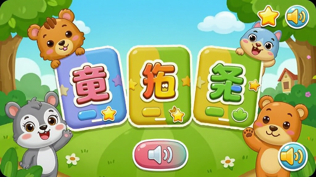 童宝幼儿动画识字软件主界面展示,画面中央是色彩鲜艳的卡通汉字卡片,周围环绕着可爱的动物角色和动画场景,布局清晰,排版活泼,风格为儿童早教卡通风格,细节包括圆润的按钮、星星奖励图标和发音喇叭图标,画质高清,干净,无多余元素