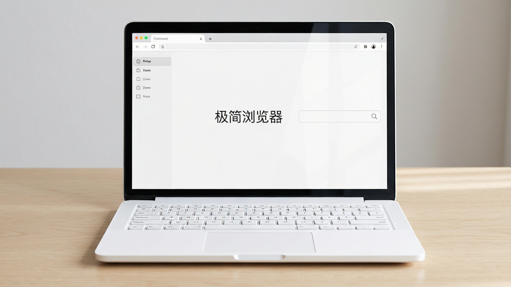 一台干净的白色笔记本电脑放在浅色木质桌面上,屏幕显示极简浏览器界面,页面中央有