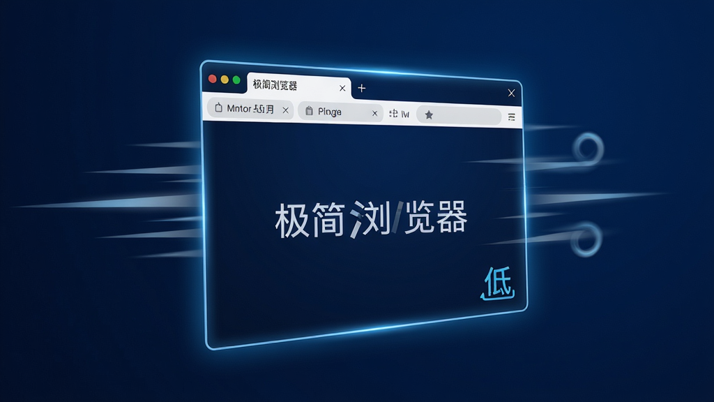 一台打开的极简浏览器窗口悬浮在深蓝色背景中,窗口周围有风的速度线特效,屏幕内显示