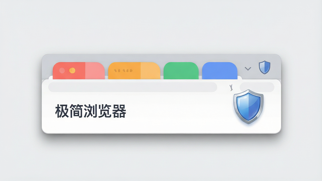 极简浏览器的多标签管理界面,画面以浅灰色为背景,中央是一个浏览器窗口,窗口顶部排列着多个彩色标签页,右侧有一个盾牌图标代表隐私保护,左侧有