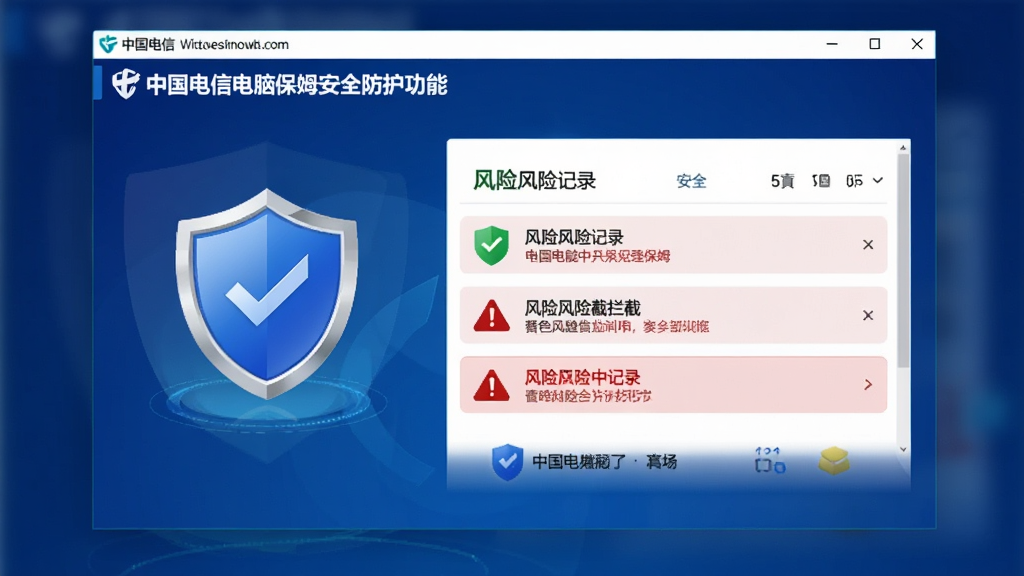 中国电信电脑保姆安全防护功能界面,画面主体为软件窗口显示安全盾牌图标和风险拦截记录,背景为深蓝色渐变,风格稳重可靠,细节包含绿色安全标识和红色风险警告,画质清晰干净,无多余元素