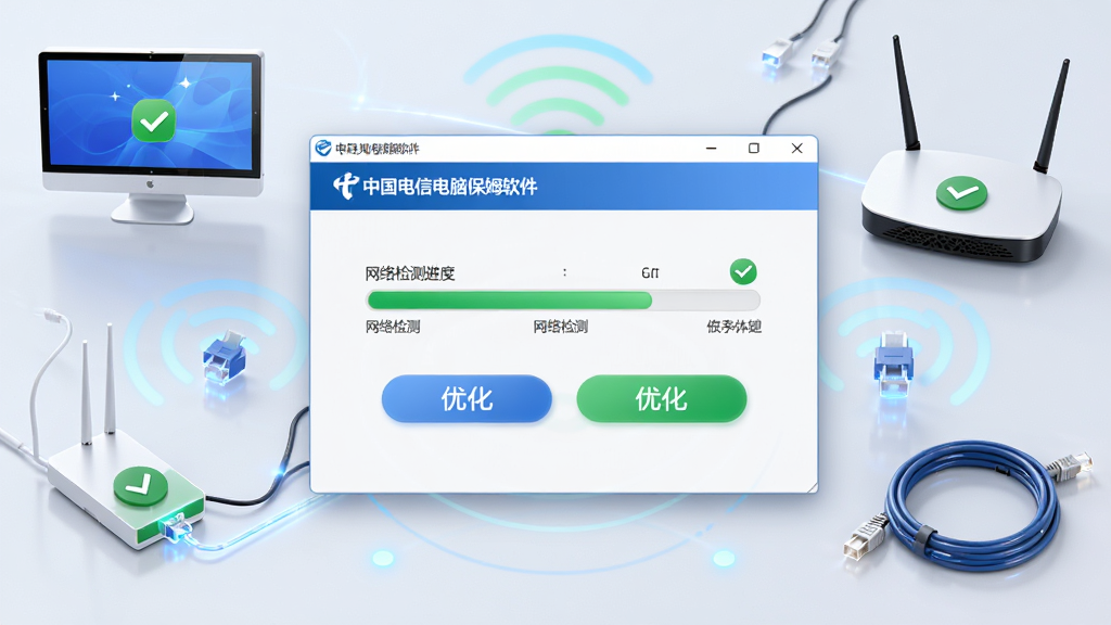 中国电信电脑保姆软件主界面全貌展示,画面中央为软件窗口,窗口内显示网络检测进度条和优化按钮,周围环绕电脑、路由器、网线等元素,布局居中对称,风格简洁科技感,细节包含信号波纹和绿色对勾图标,画质清晰干净,无多余元素