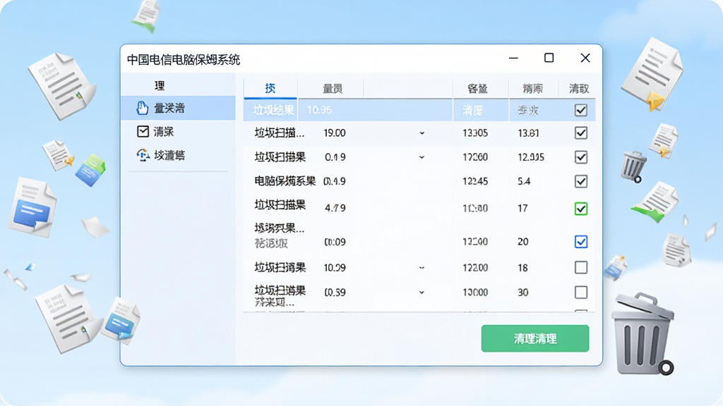 中国电信电脑保姆系统垃圾清理界面,画面展示软件窗口内垃圾扫描结果列表和清理按钮,周围漂浮文件碎片和垃圾桶图标,布局左右分栏,风格清爽明亮,细节包含容量数字和勾选框,画质清晰干净,无多余元素