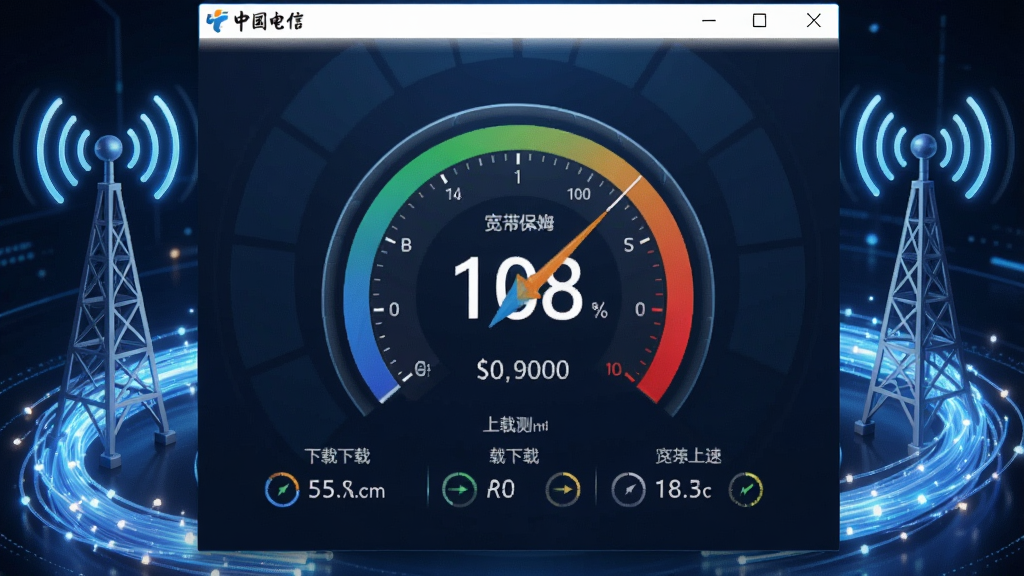 中国电信电脑保姆宽带测速界面,画面展示软件窗口内测速仪表盘和速度数值,周围环绕信号塔和光纤元素,布局居中,风格现代科技感,细节包含下载上传延迟数据,画质清晰干净,无多余元素