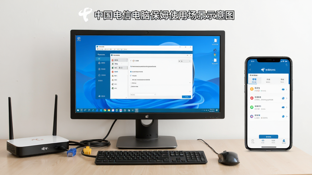 中国电信电脑保姆使用场景示意图,画面展示电脑屏幕显示软件界面,旁边放置手机显示移动端管理页面,布局左右对比,风格生活化场景,细节包含家庭路由器和宽带线缆,画质清晰干净,无多余元素