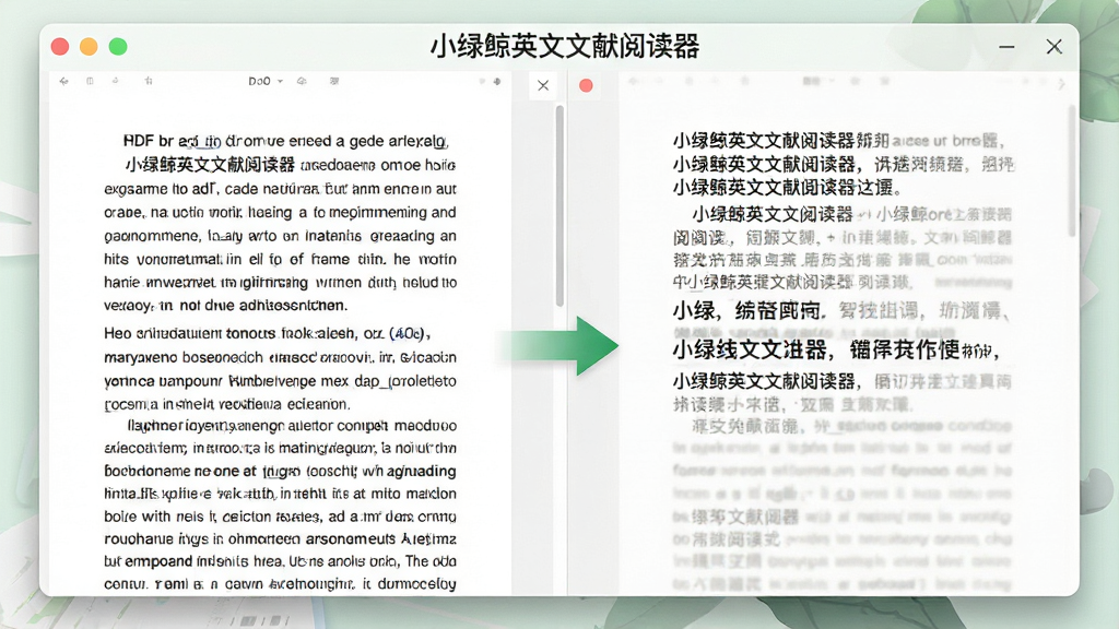 一张展示小绿鲸英文文献阅读器智能翻译功能的界面图,画面主体是软件窗口左侧显示英文PDF原文、右侧显示中文翻译结果,中间有箭头连接表示翻译过程,界面顶部有软件名称“小绿鲸英文文献阅读器”字样,风格简洁现代,画质清晰干净,无多余元素