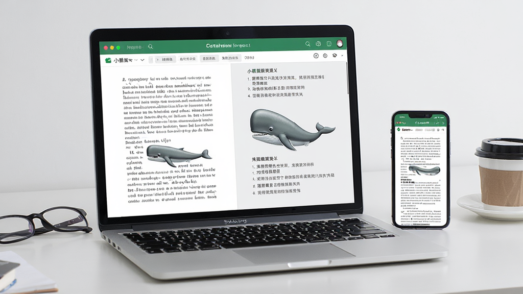 一张展现小绿鲸英文文献阅读器核心全貌的场景图,画面中央是一台笔记本电脑屏幕显示着英文PDF文献和中文翻译对照界面,屏幕旁边有一部智能手机同步显示相同文献内容,背景是整洁的书桌环境,桌上有眼镜和咖啡杯,整体风格简洁商务,画质清晰干净,无多余元素