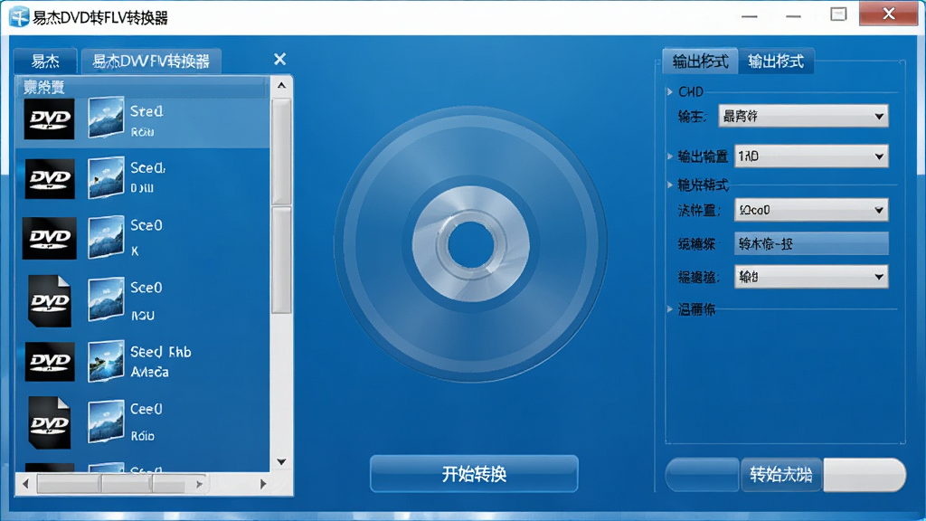 一张显示易杰DVD转FLV转换器软件主界面的图片,画面中央是软件操作窗口,左侧是DVD视频文件列表区域,右侧是输出格式设置面板,底部有开始转换按钮,窗口标题栏显示