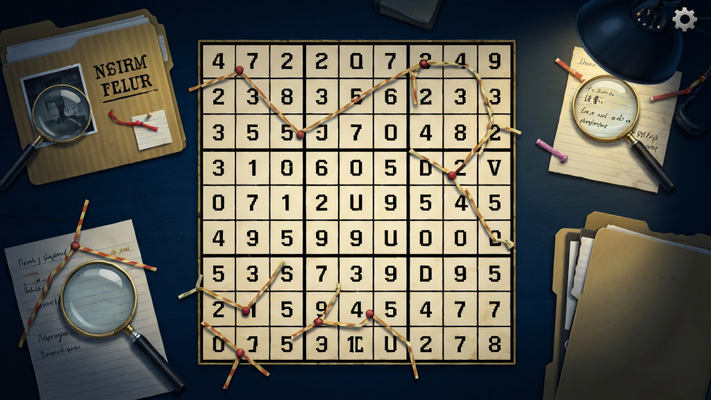 命案数独游戏主界面截图,画面中央是一个标准的九宫格数独棋盘,棋盘周围环绕着案件档案、线索笔记等侦探元素装饰,背景是昏暗的办公室氛围,桌面上散落着放大镜和文件夹,整体风格偏向悬疑推理,色调以深蓝和暗金色为主,画质清晰干净,无多余杂乱元素