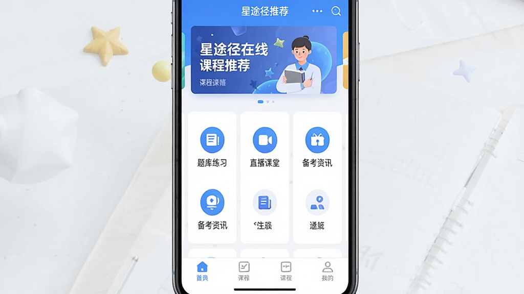 一张手机屏幕展示在线学习应用界面的图片,画面中央是名为