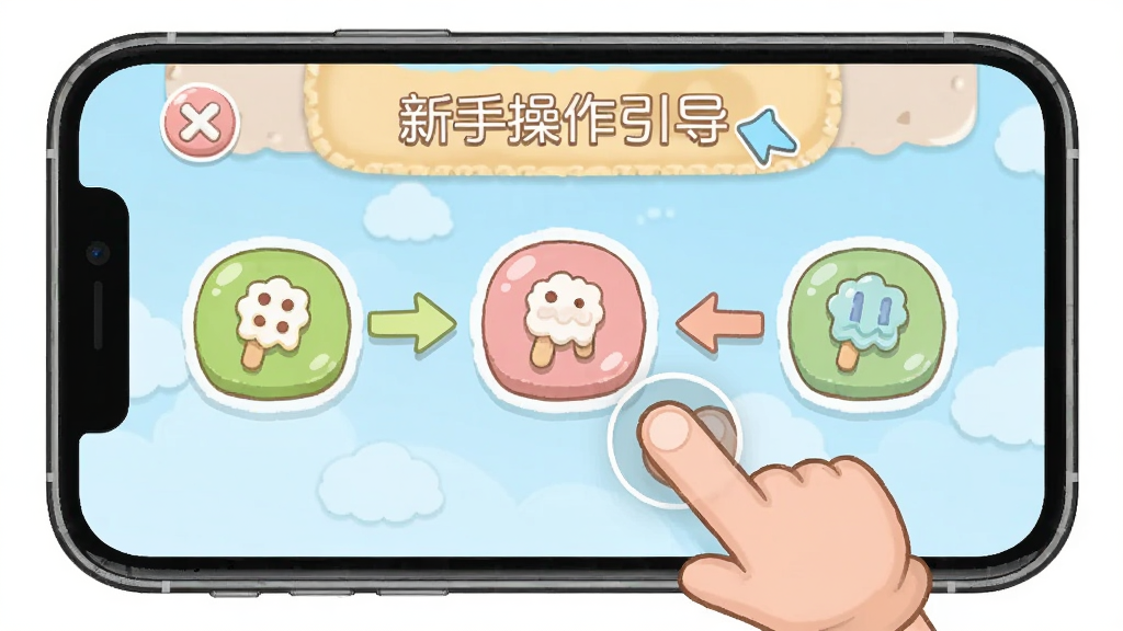 雪糕工厂新手操作引导界面,卡通风格手机屏幕展示,屏幕上有手指点击的动画提示,周围有箭头标注各个功能按钮,画面简洁明了,风格为儿童应用引导页设计,色彩柔和,布局清晰,画质高清,干净无多余元素